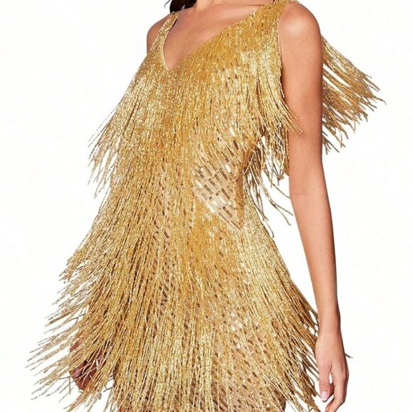 Women's Gold Sequin Cocktail Flapper Gatsby-Style Mini Prom Dress - Picture 4 of 7